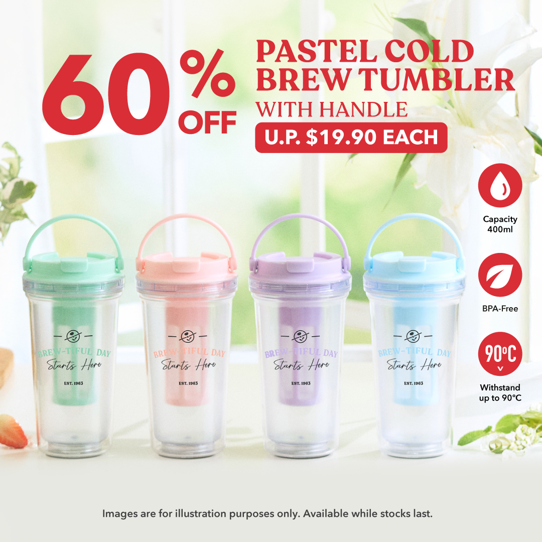 Collection of pastel cold brew tumblers from The Coffee Bean & Tea Leaf Singapore