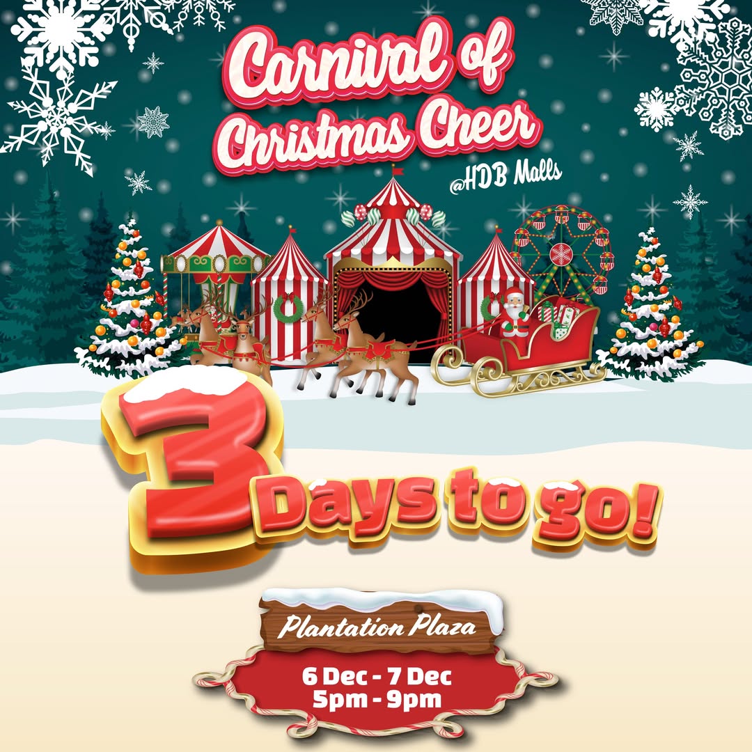 A festive image showcasing the Carnival of Christmas Cheer at Plantation Plaza, with games and joyful attendees.