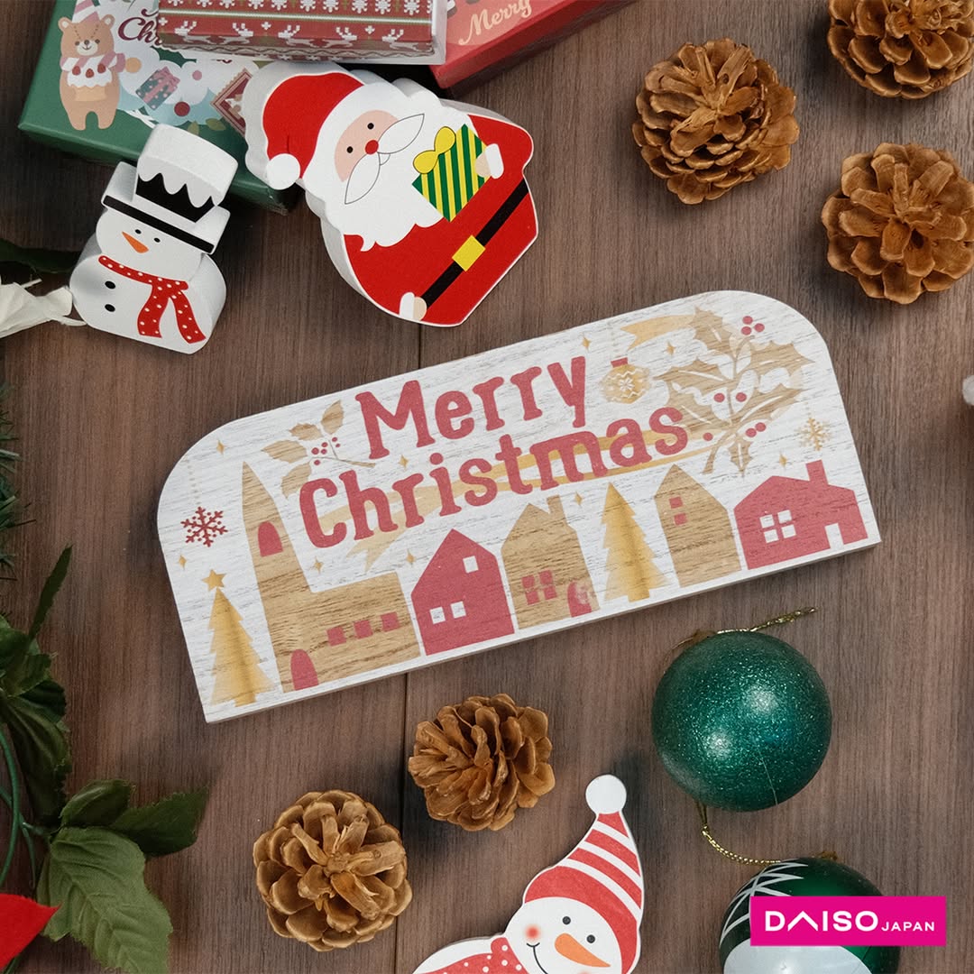 A collection of festive Christmas decorations and party essentials available at Daiso.