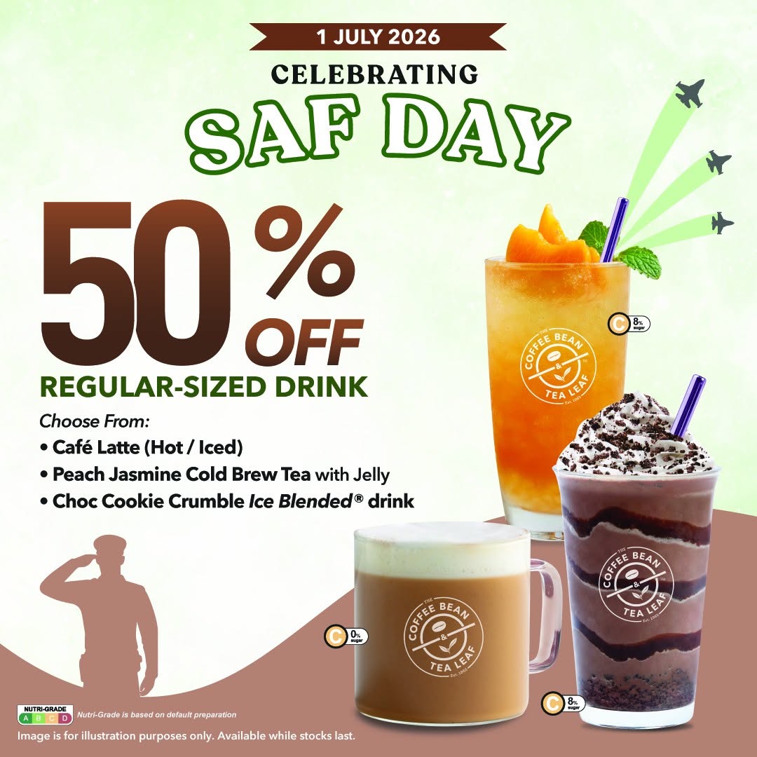The Coffee Bean & Tea Leaf: 50% Off Drinks for SAF Day on 1 July