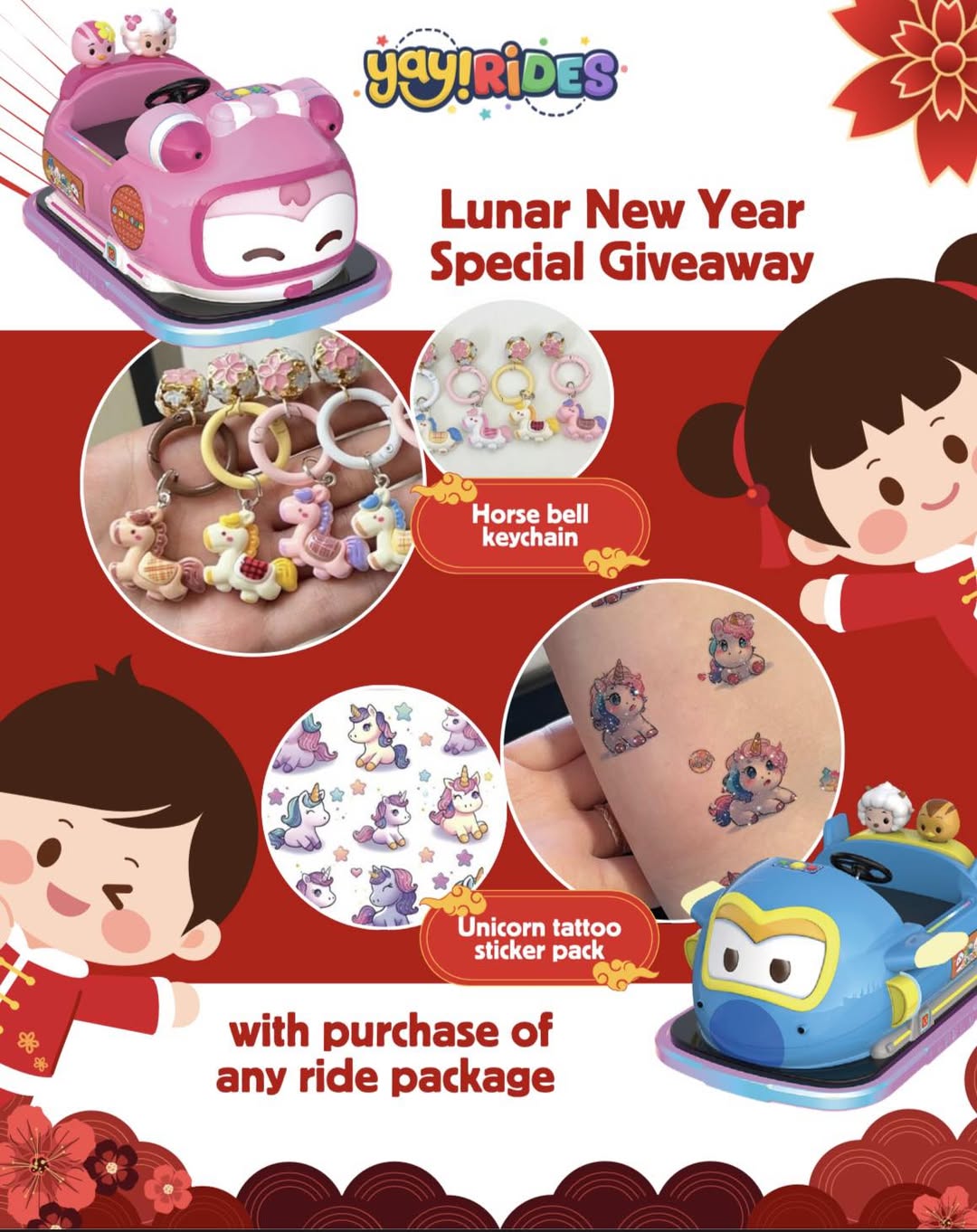 A festive Lunar New Year celebration at YayRides featuring giveaway items for children.