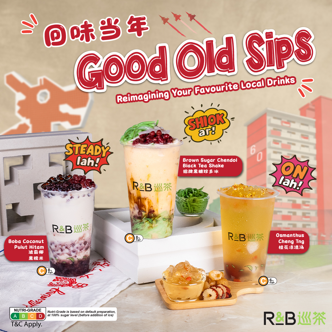 A vibrant selection of R&B Tea's 'Good Old Sips' National Day collection, showcasing refreshing dessert-inspired beverages.