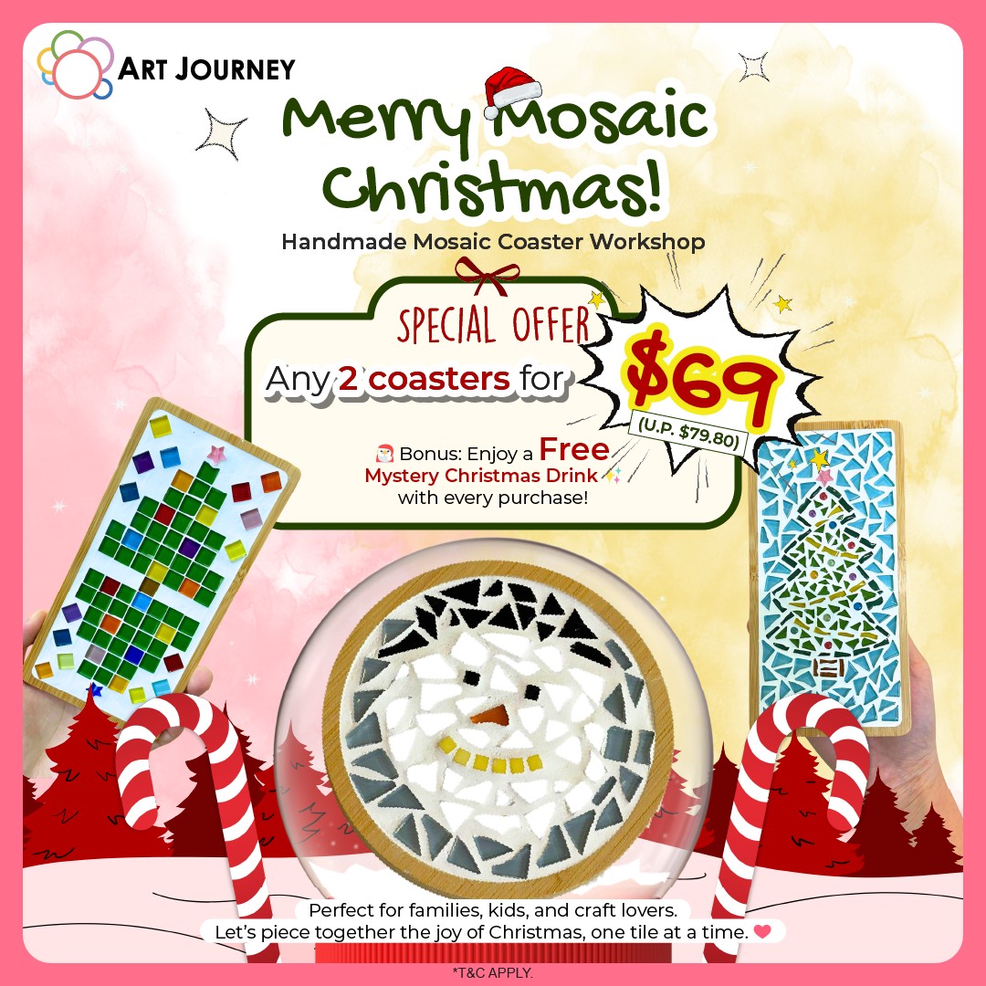 Participants crafting mosaic coasters at the Art Journey workshop.