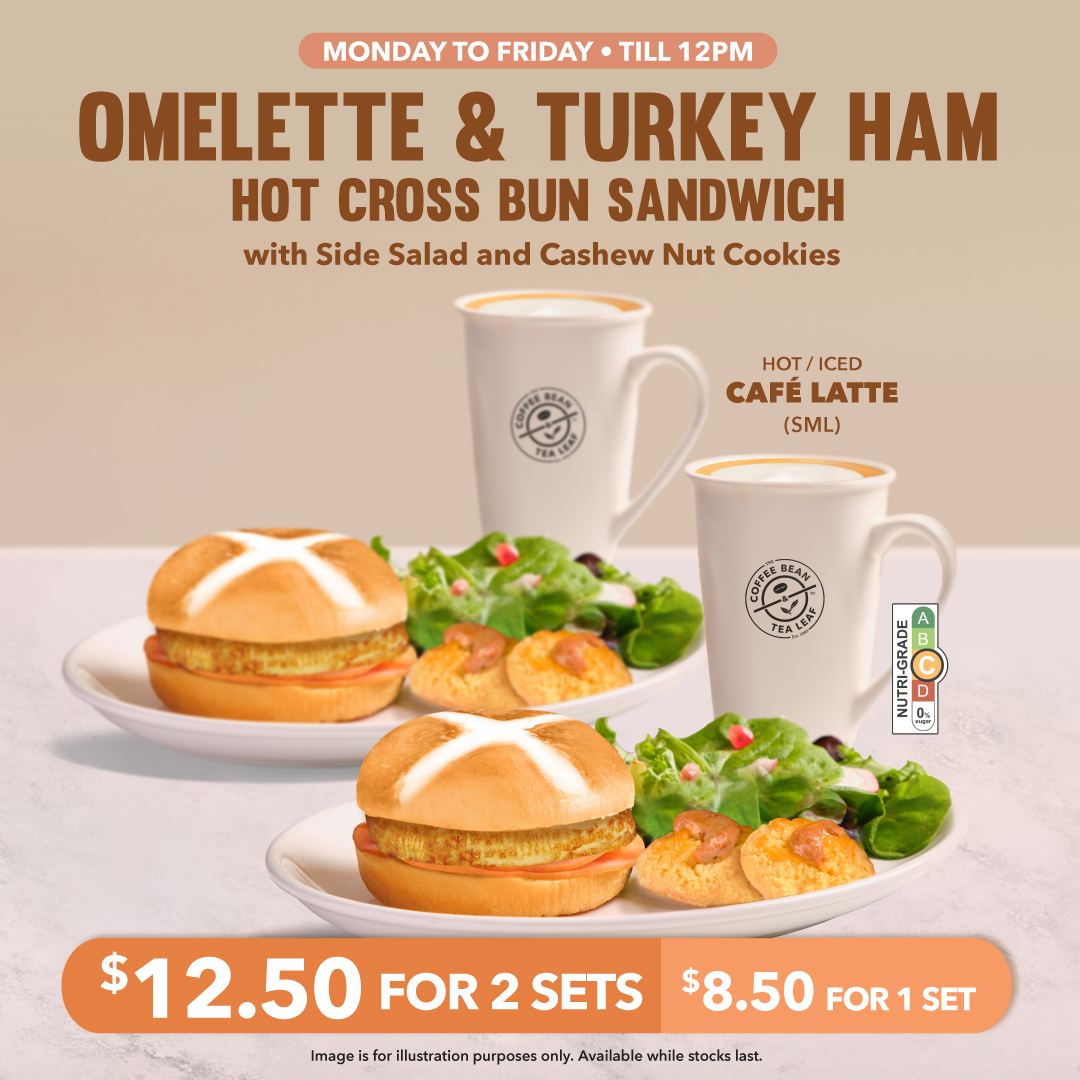Coffee Bean and Tea Leaf Omelette and Turkey Ham Hot Cross Bun Sandwich breakfast set