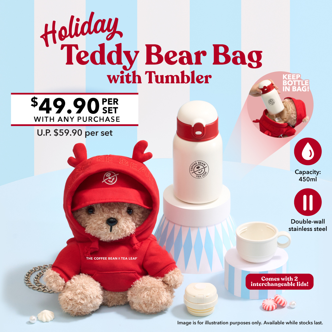 The Coffee Bean & Tea Leaf Singapore Holiday Teddy Bear Bag and Tumbler Set