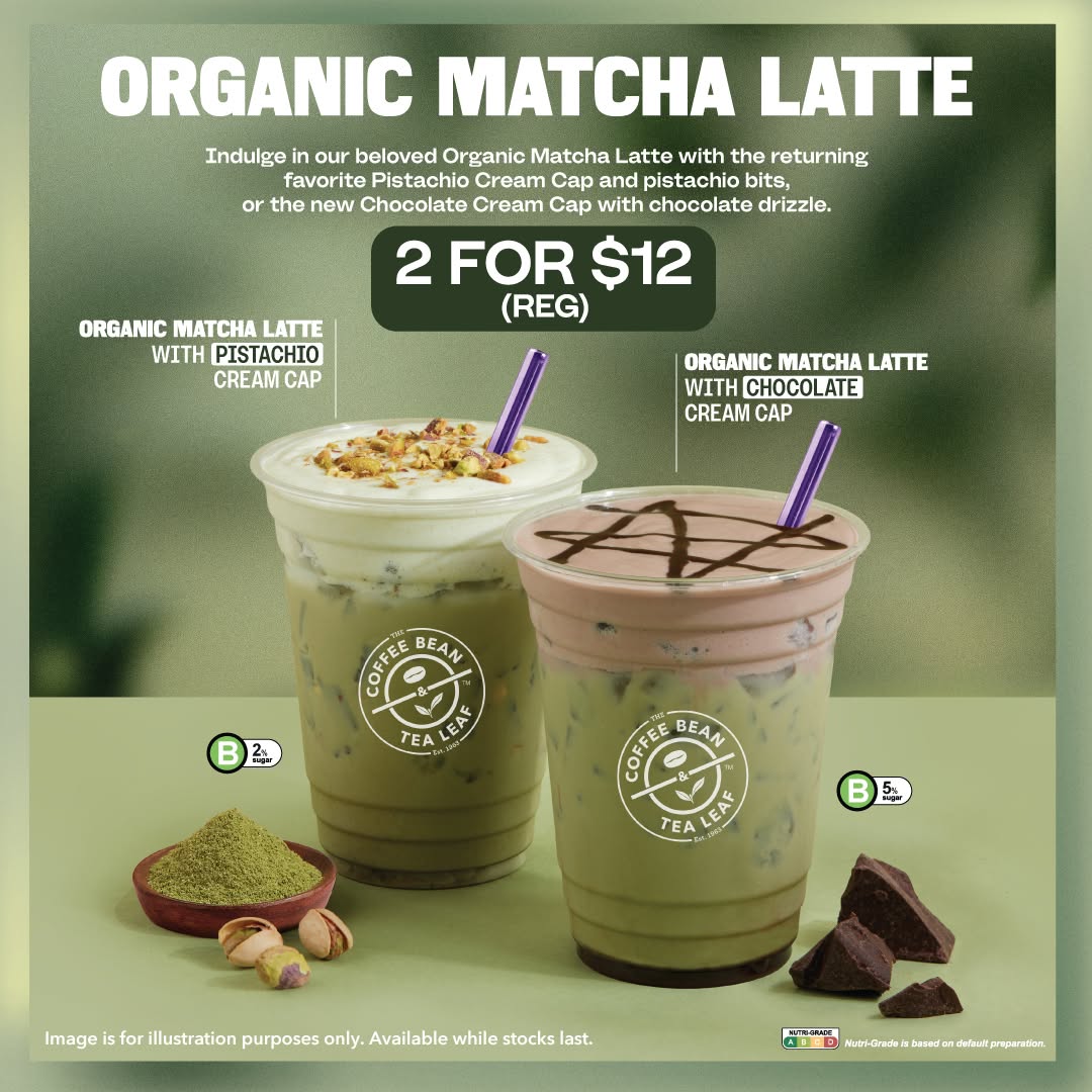 The Coffee Bean & Tea Leaf Organic Matcha Latte with Pistachio and Chocolate Cream Cap promotion
