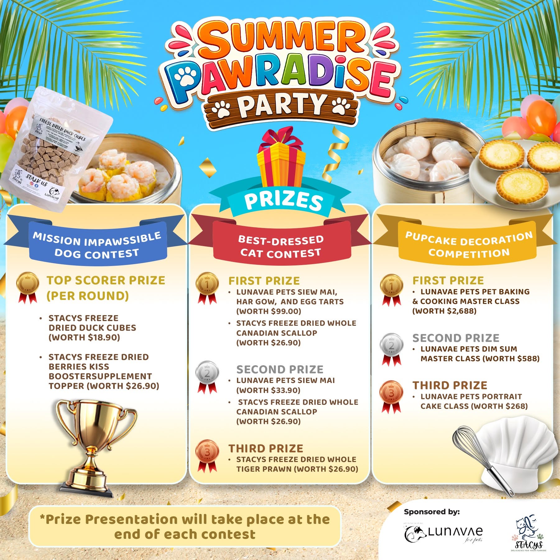 Prizes for Summer Pawradise Party contests at Plantation Plaza