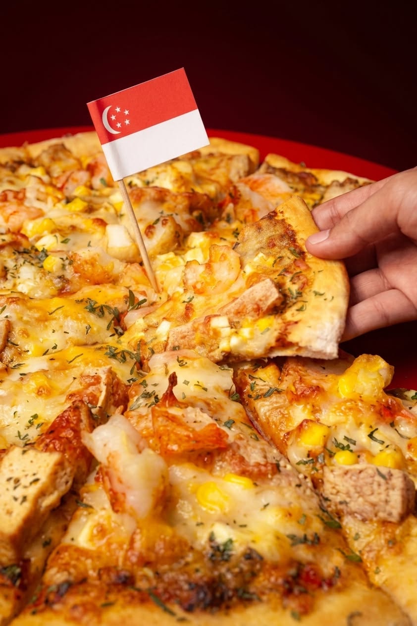 Singapore Laksa Pizza with Singapore flag toothpick at Swensen's