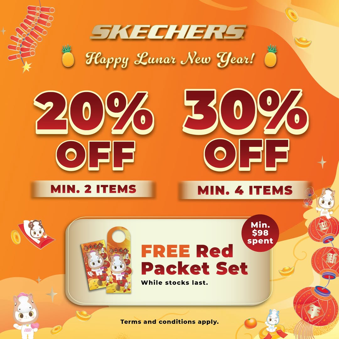 A festive Skechers storefront display highlighting Lunar New Year promotions