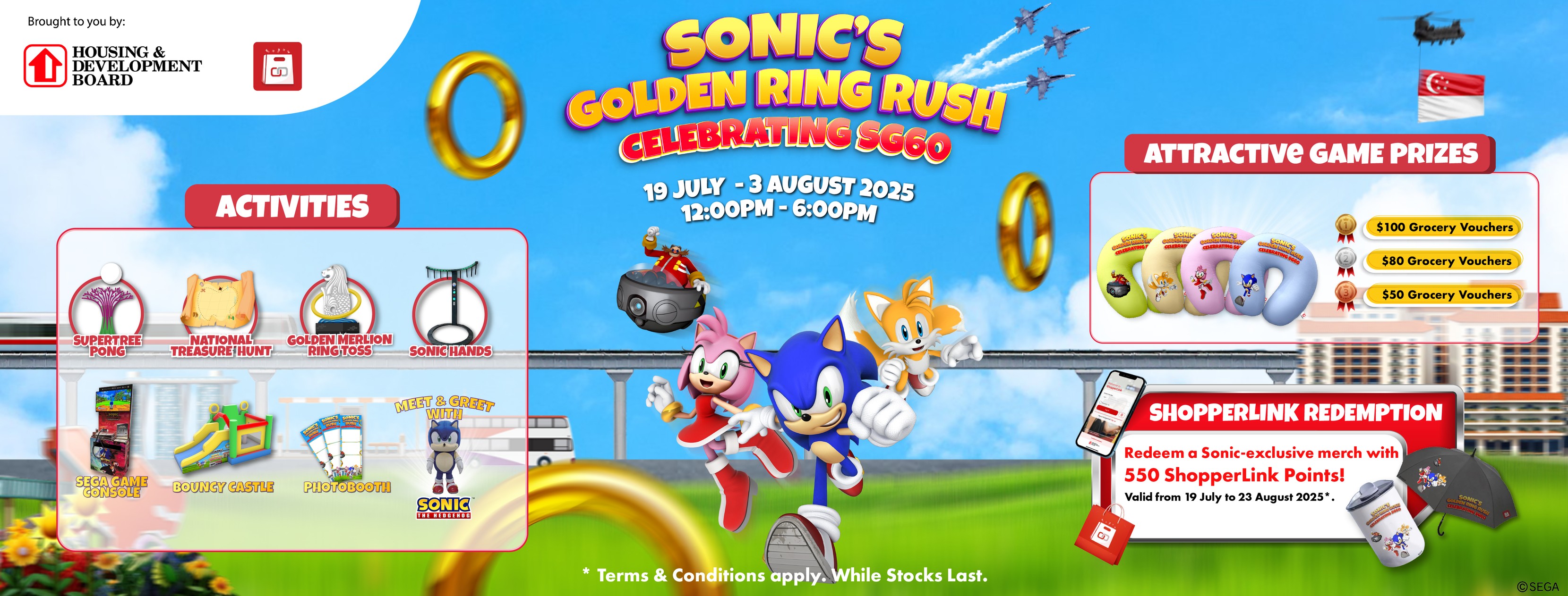 Sonic the Hedgehog standing confidently in front of Singapore's iconic skyline, celebrating a birthday.