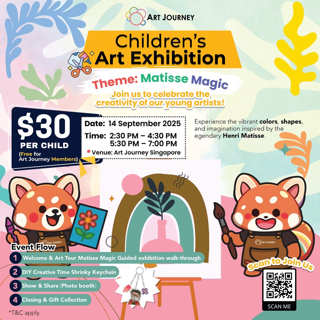 Children's artwork inspired by Henri Matisse on display at an exhibition.
