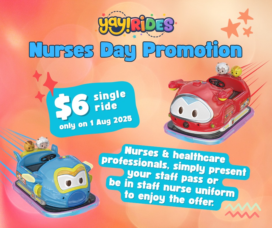 A nurse smiling joyfully while riding a fun amusement park attraction, possibly with a child, symbolizing appreciation and a break from their demanding work.
