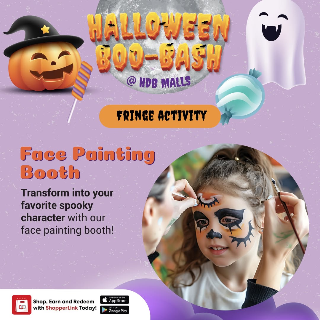 Children with various Halloween face paint designs like vampires, ghosts, and wild animals