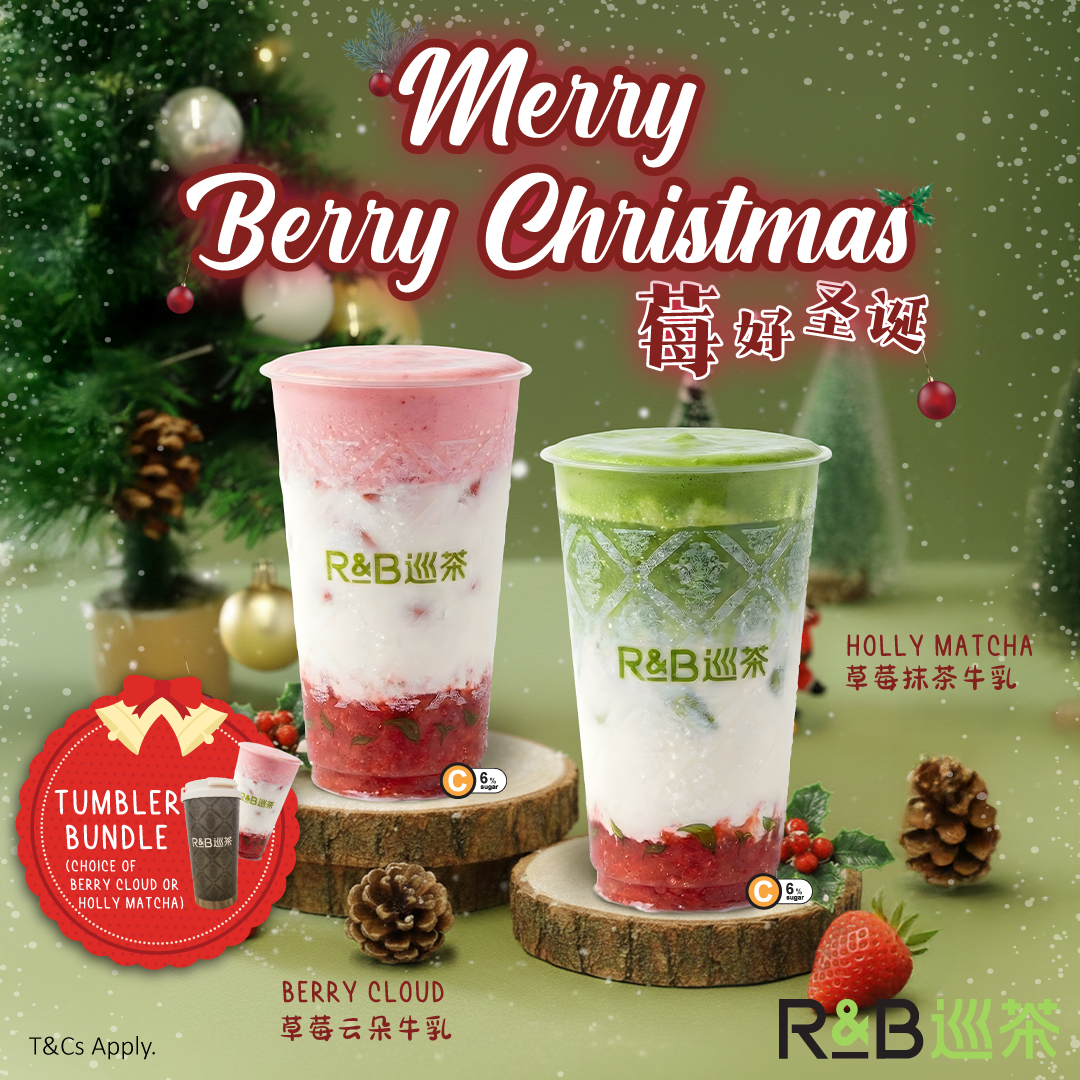 R&B Tea Singapore's Merry Berry Christmas beverages and tumbler bundle.