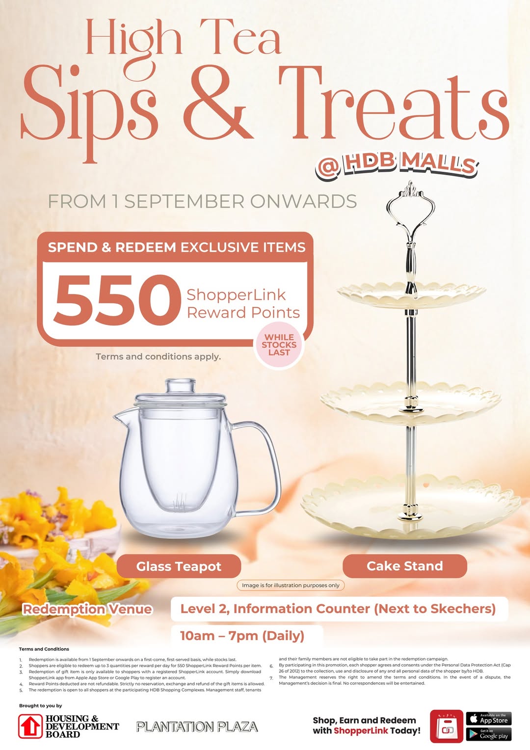 A delightful high tea setup with an elegant glass teapot, delicate teacups, and an assortment of delicious pastries on a tiered cake stand.