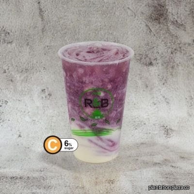 A purple and white drink in a clear cup with a sugar level indicator.